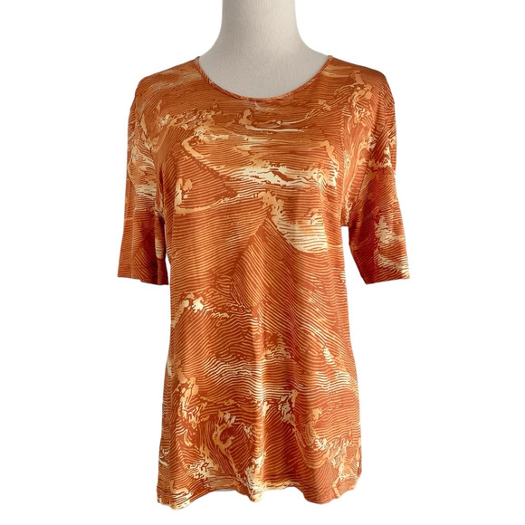 Vintage ESCADA SPORT Scoop Neck Top 90s Orange Abstract Short Sleeves Size Large - Picture 1 of 6